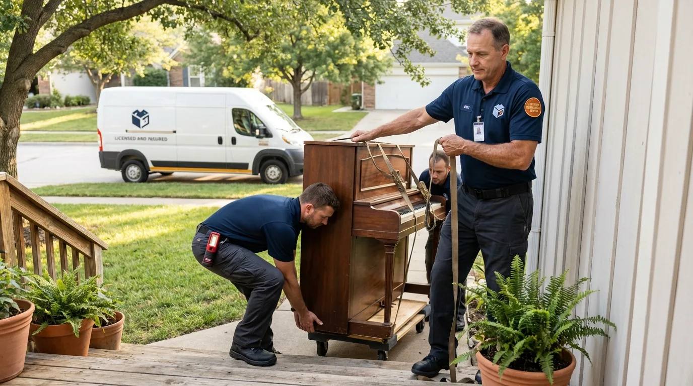 Licensed piano movers securing grand piano in Pawcatuck, CT