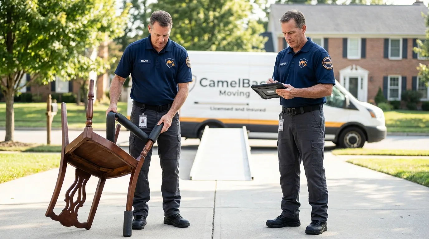 Movers inspecting furniture for damage prevention before loading in Pawcatuck, CT