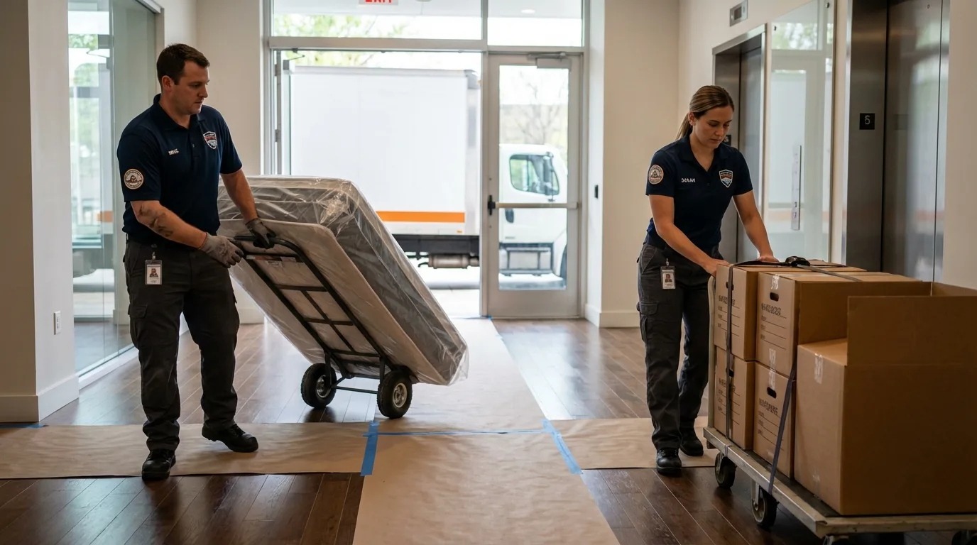 Professional apartment movers loading elevator in Pawcatuck, CT