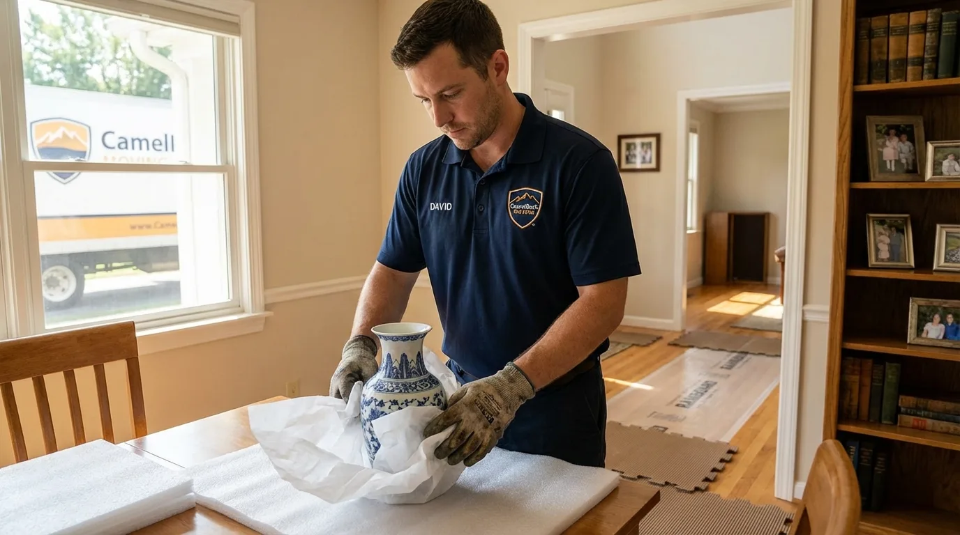 Professional crew carefully wrapping antique vase for senior downsizing move in Pawcatuck, CT